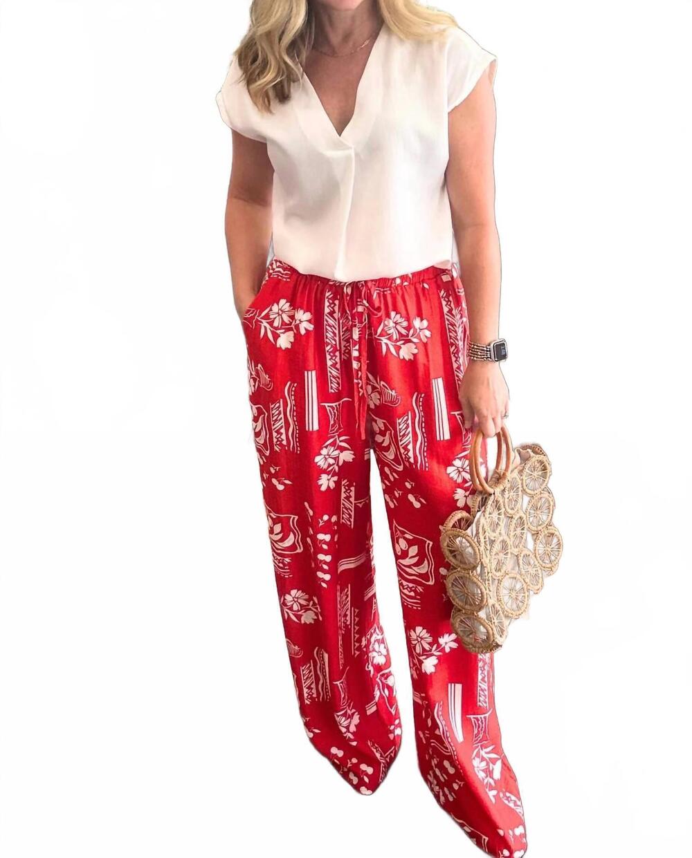 NEW ENTRO summer print wide leg pants in red